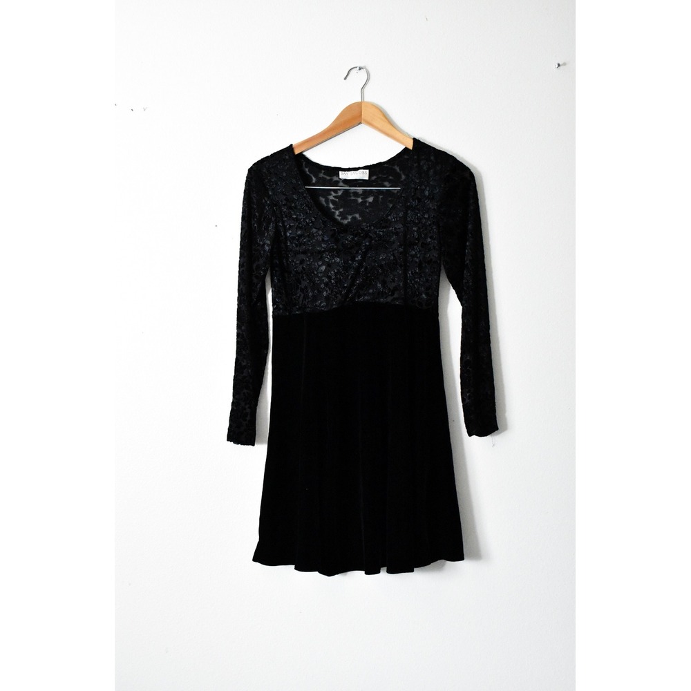Jay Jacobs Mini Dress Women S Black Vtg 90s Velvet Lace Burnout Long Sleeve